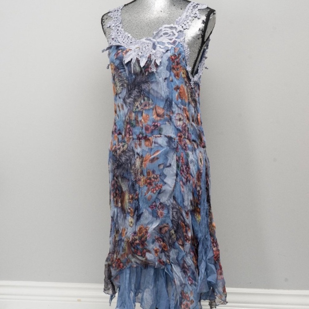 NWT Blue Floral Lace-Accent Silk-Blend Handkerchief Dress - Large
